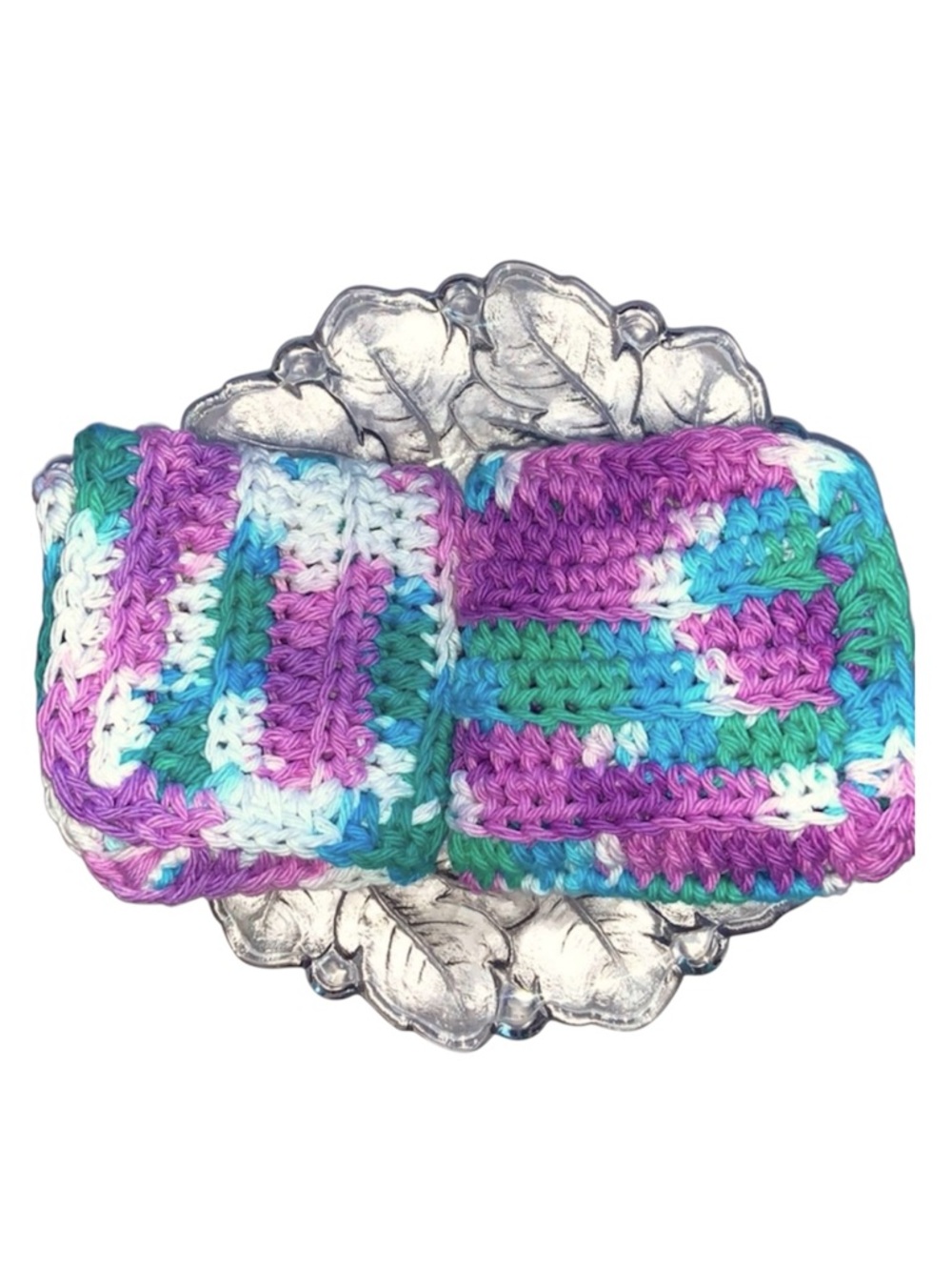 HAND CRAFTED Crochet Two Colorful All Purpose Cotton Bath or Kitchen Dish Cloths